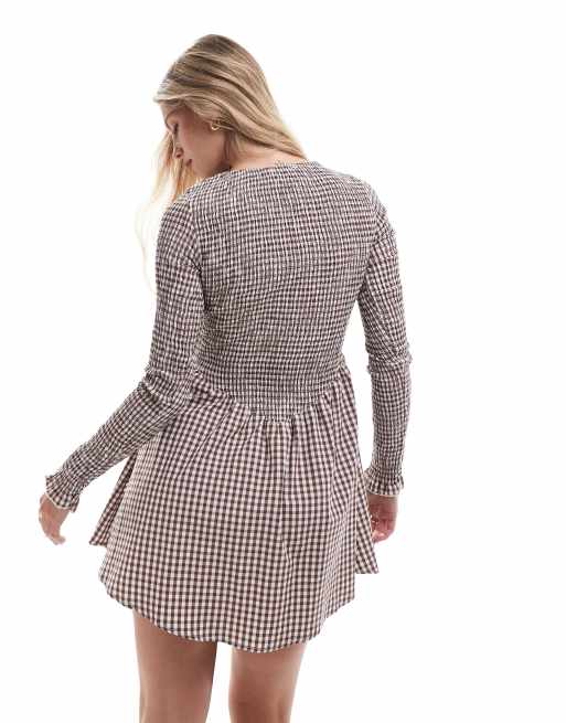 ASOS DESIGN shirred long sleeve mini dress in brown gingham ASOS