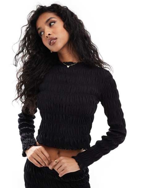 ASOS DESIGN shirred long sleeve top in black - view 1