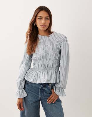 Asos Design Shirred Long Sleeve Top In Gray
