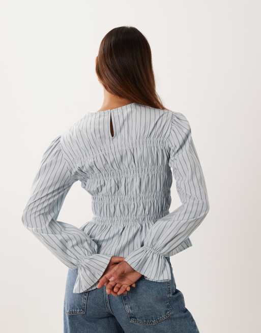 ASOS DESIGN shirred long sleeve top in blue stripes, 4 of 4