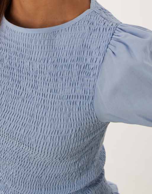 ASOS DESIGN shirred long sleeve top in blue voile, 2 of 4
