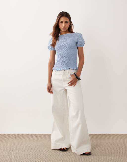 ASOS DESIGN shirred long sleeve top in blue voile, 3 of 4