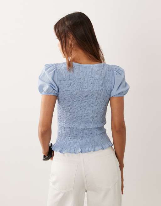 ASOS DESIGN shirred long sleeve top in blue voile, 4 of 4