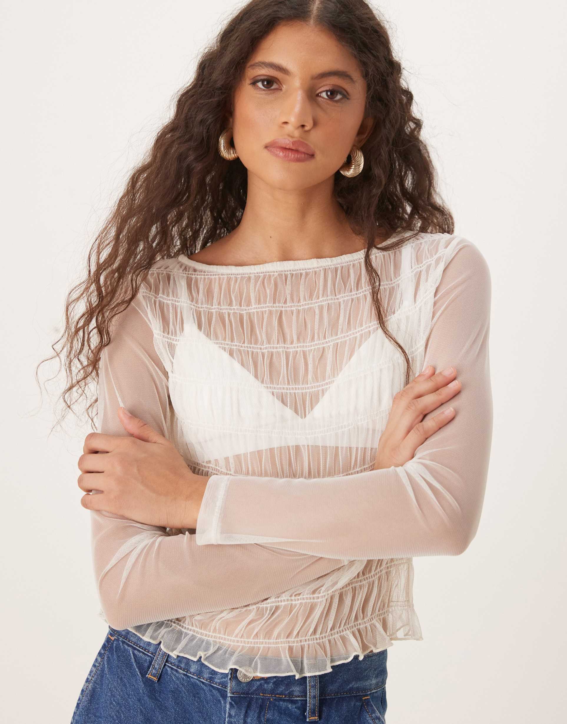 asos design shirred long sleeve tulle mesh top in cream