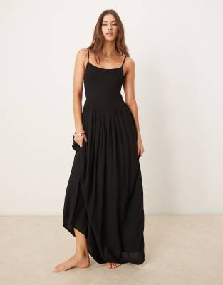 ASOS DESIGN shirred maxi beach dress in black