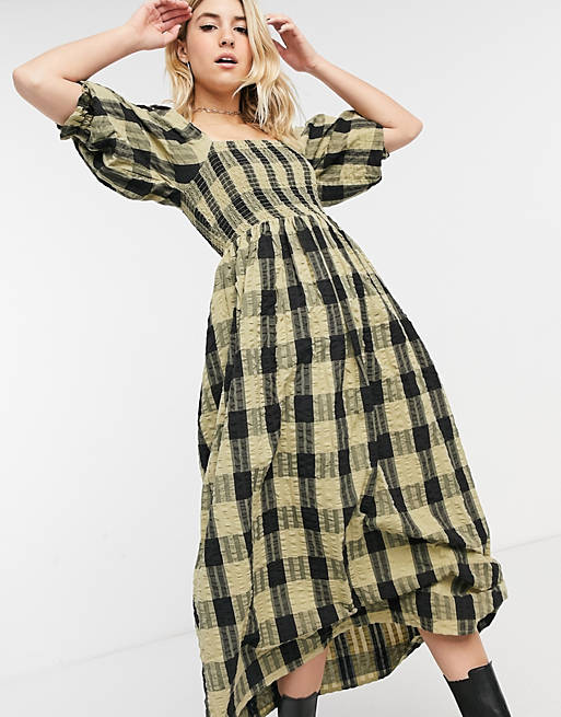  shirred maxi dress in black and green check 