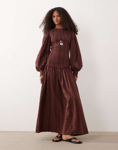 ASOS DESIGN shirred maxi dress in burgundy check - view 1