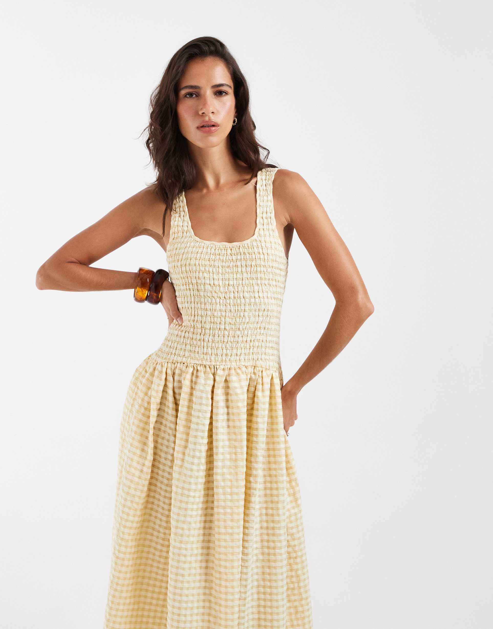 asos design shirred maxi dress in cream gingham