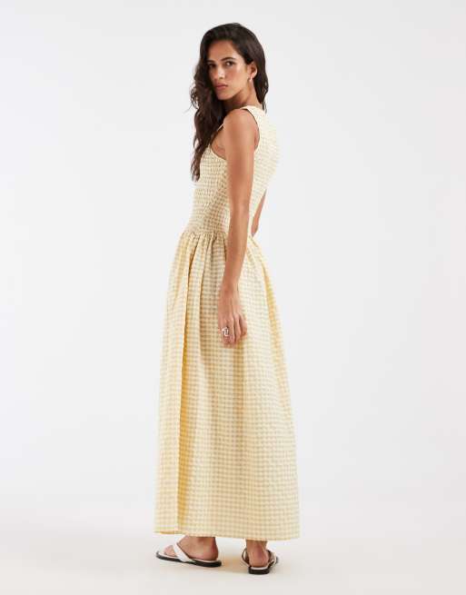 ASOS design shirred maxi dress in cream gingham, 3 of 4
