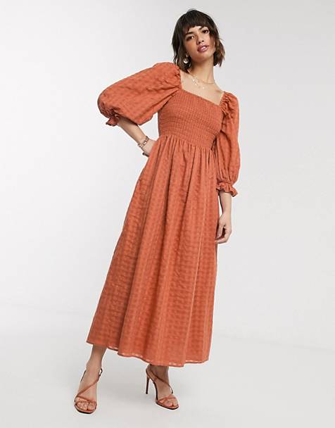 ASOS DESIGN shirred maxi dress in textured cotton in rust