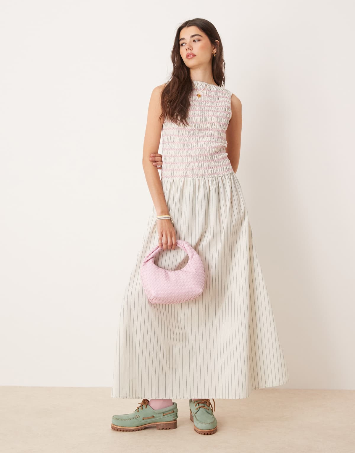 ASOS DESIGN shirred maxi dress with contrast stitching in stripe