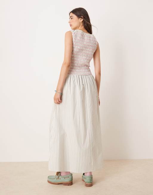 ASOS DESIGN shirred maxi dress with contrast stitching in stripes