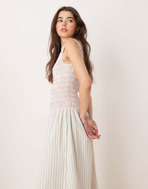 ASOS DESIGN shirred maxi dress with contrast stitching in stripes