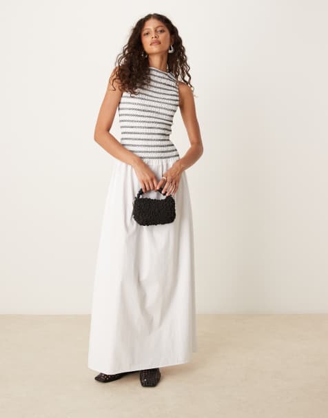 ASOS DESIGN shirred maxi dress with contrast stitching in white - view 1