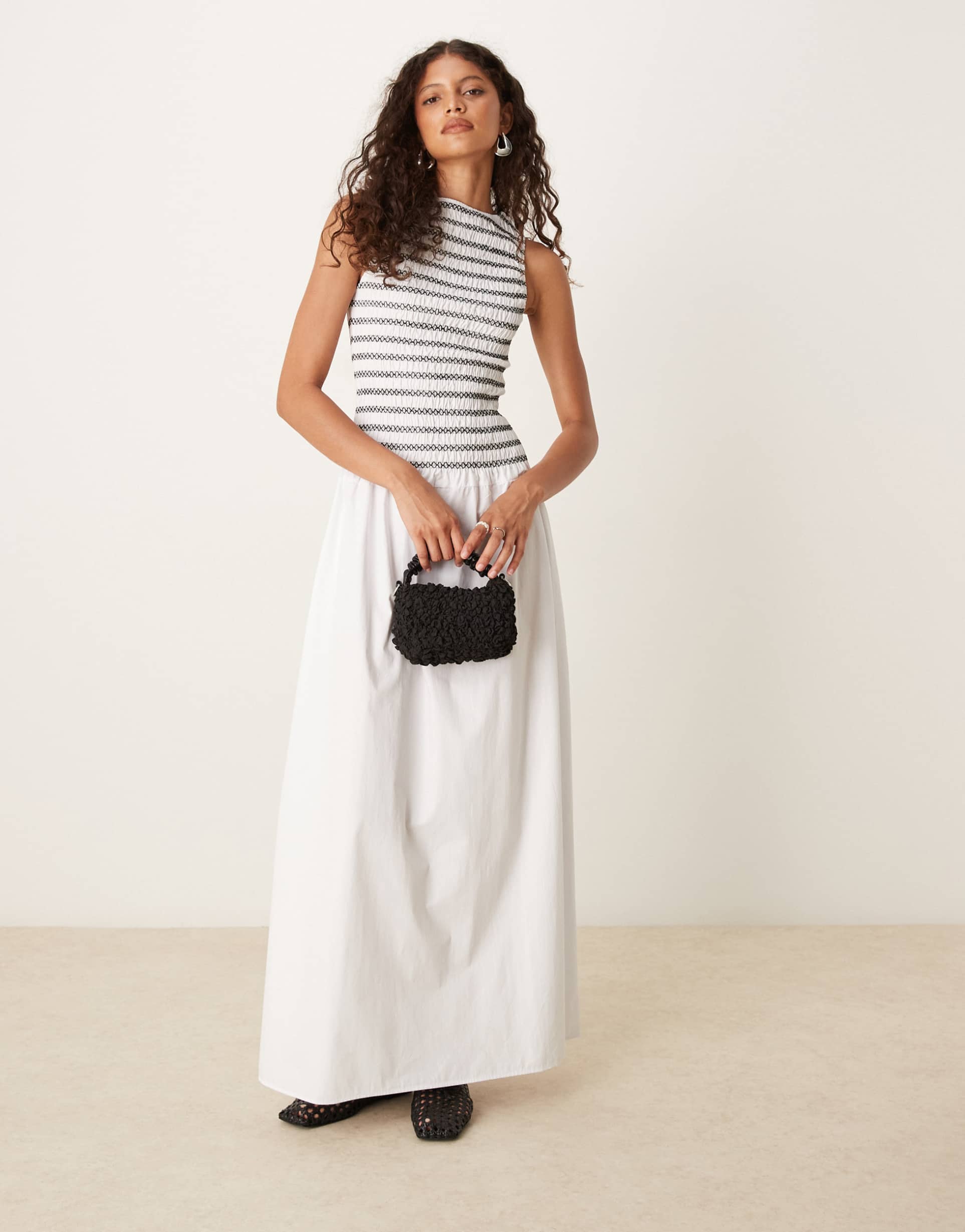 asos design shirred maxi dress with contrast stitching in white