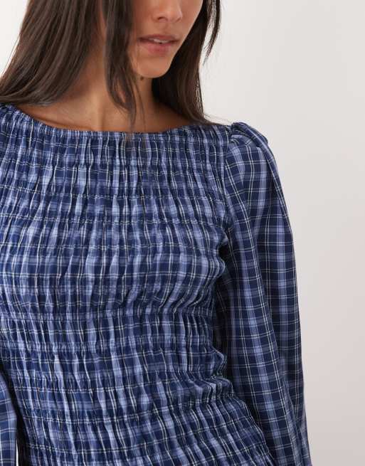 ASOS DESIGN shirred maxi long sleeve dress in blue check, 3 of 4