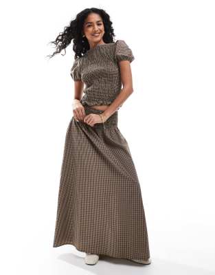 ASOS DESIGN shirred maxi skirt co ord in brown check | ASOS