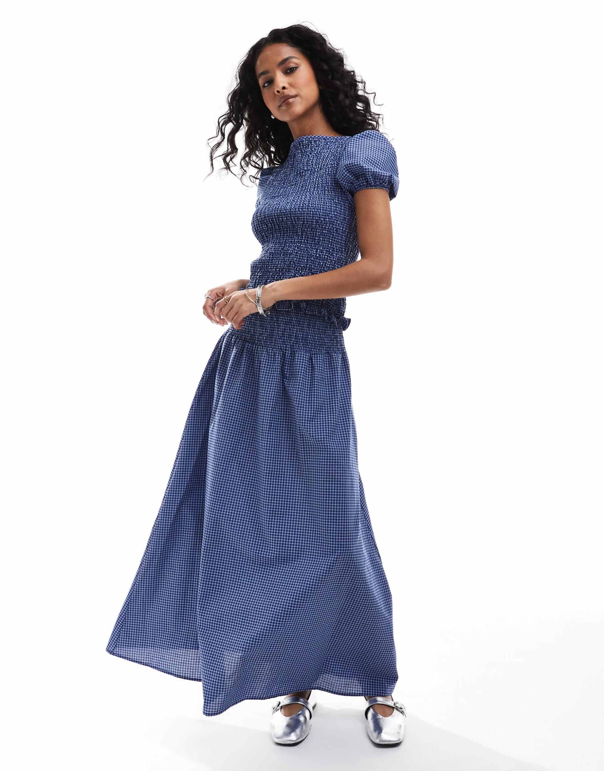 asos design shirred maxi skirt in blue plaid - part of a set