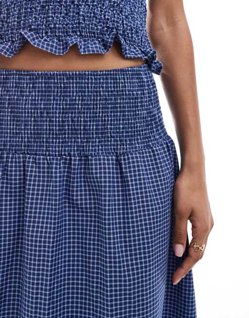 ASOS DESIGN shirred maxi skirt in blue plaid - part of a set