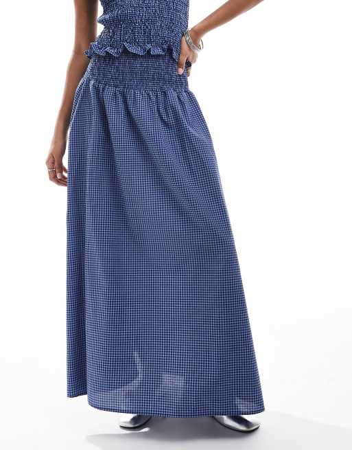 ASOS DESIGN shirred maxi skirt in blue plaid - part of a set