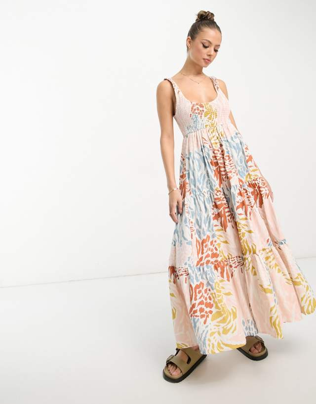 ASOS DESIGN shirred maxi sundress with tiers in abstract print