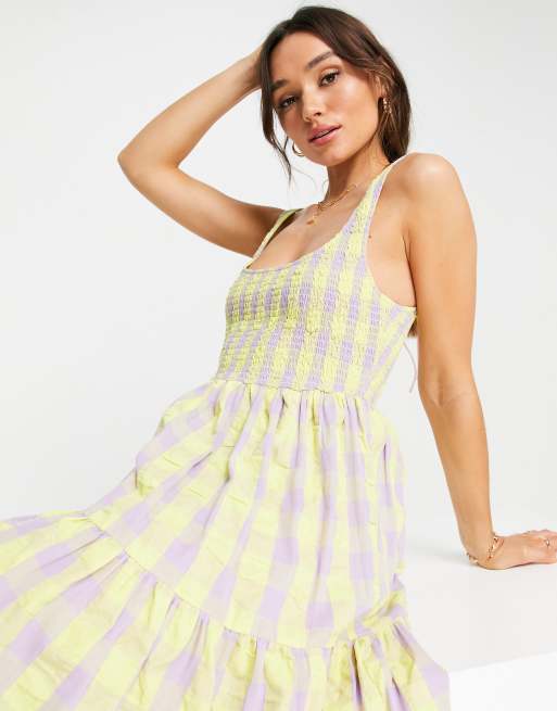 ASOS DESIGN shirred maxi sundress with tiers in lilac and lemon check, 4 of 4