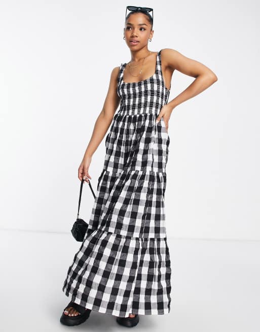 ASOS DESIGN shirred maxi sundress with tiers in mono gingham | ASOS