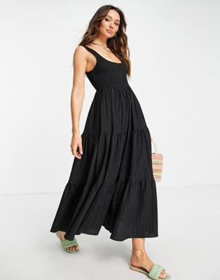 ASOS DESIGN shirred maxi sundress with tiers in stripe texture in black