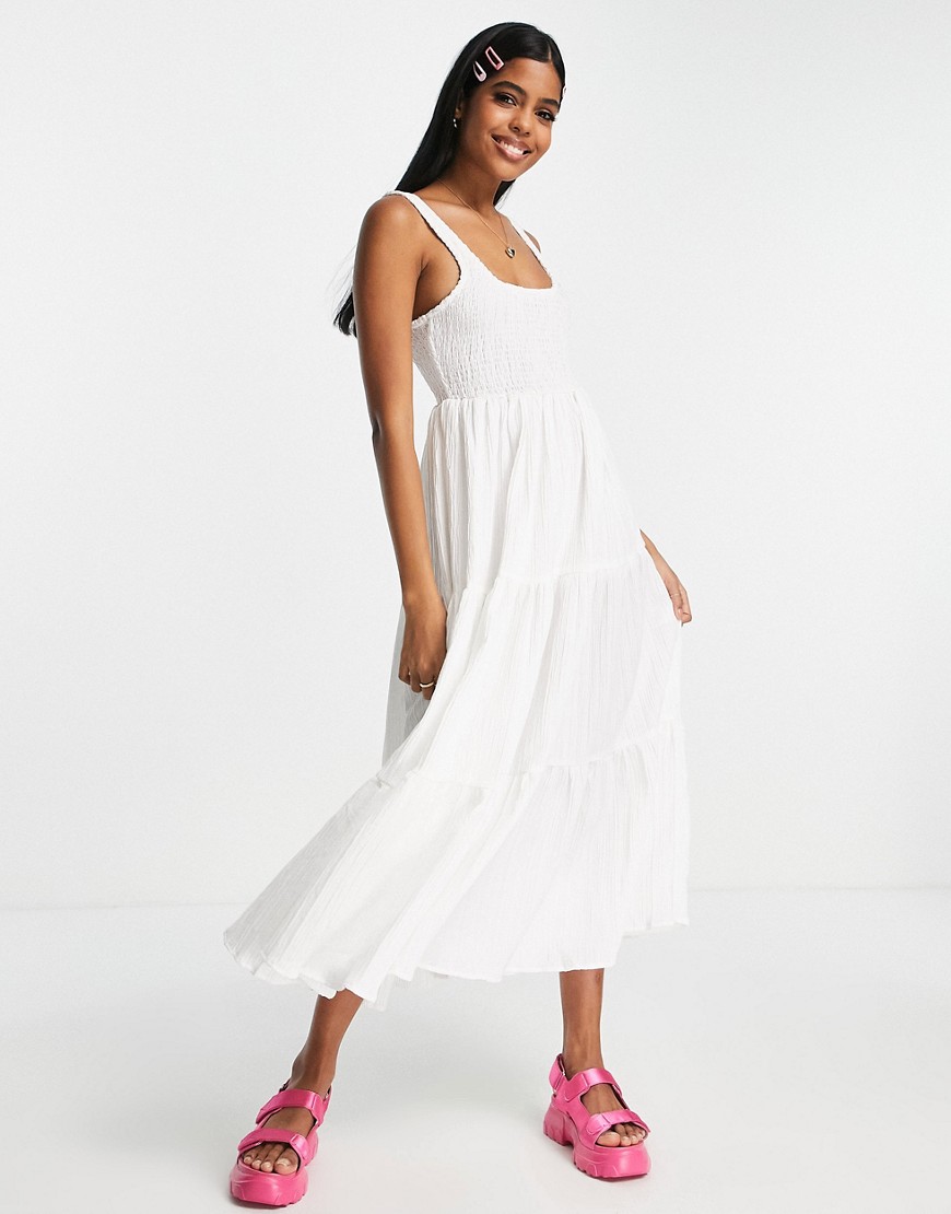 ASOS DESIGN shirred maxi sundress with tiers in stripe texture in white