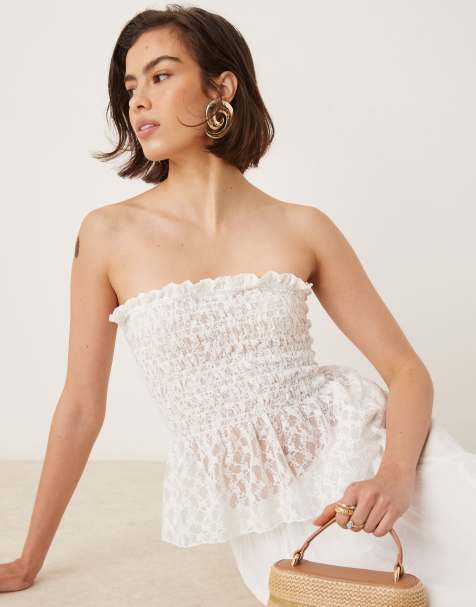 ASOS DESIGN shirred mesh bandeau top in white - view 1