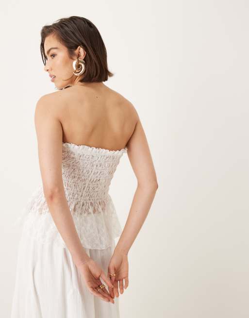 ASOS DESIGN shirred mesh bandeau top in white