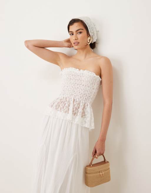 ASOS DESIGN shirred mesh bandeau top in white