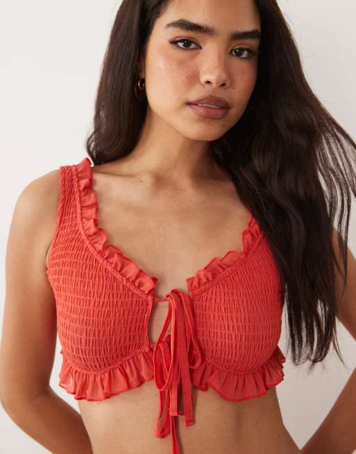 ASOS DESIGN shirred mesh co-ord bralette top in pink, 2 of 4