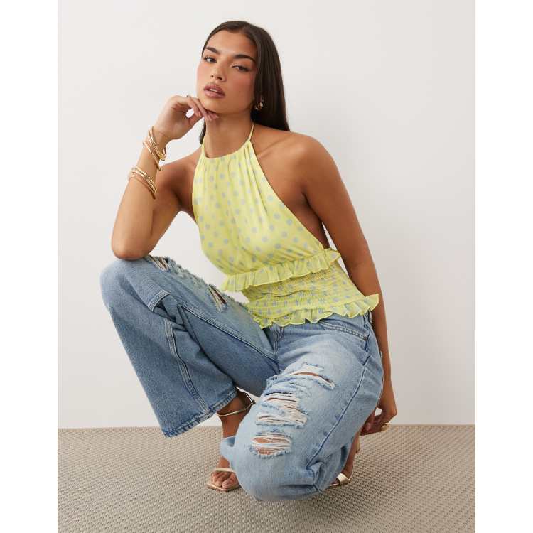ASOS DESIGN shirred mesh halter neck top in yellow polka dot print