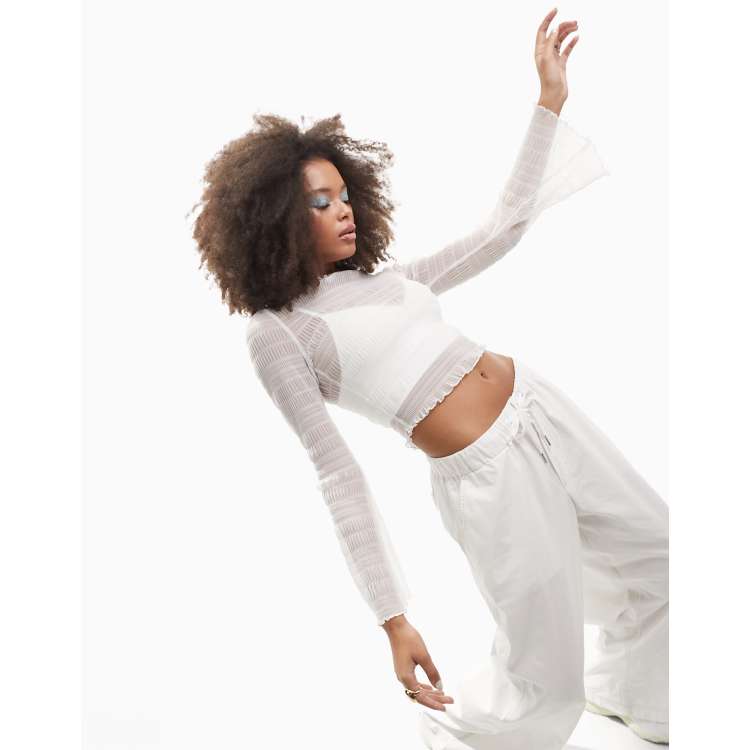 ASOS DESIGN shirred mesh long sleeve crop top in white