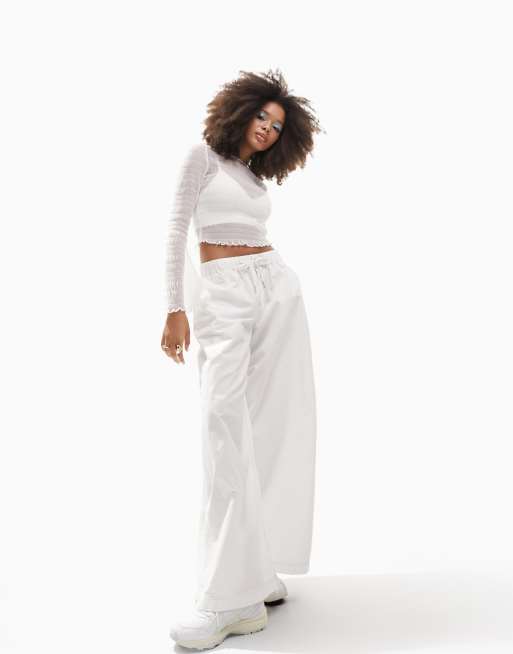 ASOS DESIGN shirred mesh long sleeve crop top in white