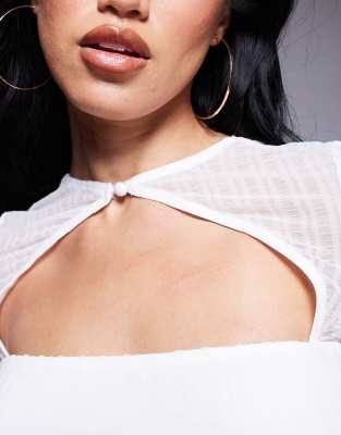 Asos Design Shirred Mesh Short Sleeve Top With Rouleau Button Detail