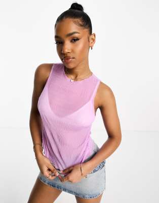 ASOS DESIGN shirred mesh long sleeve crop top in lilac