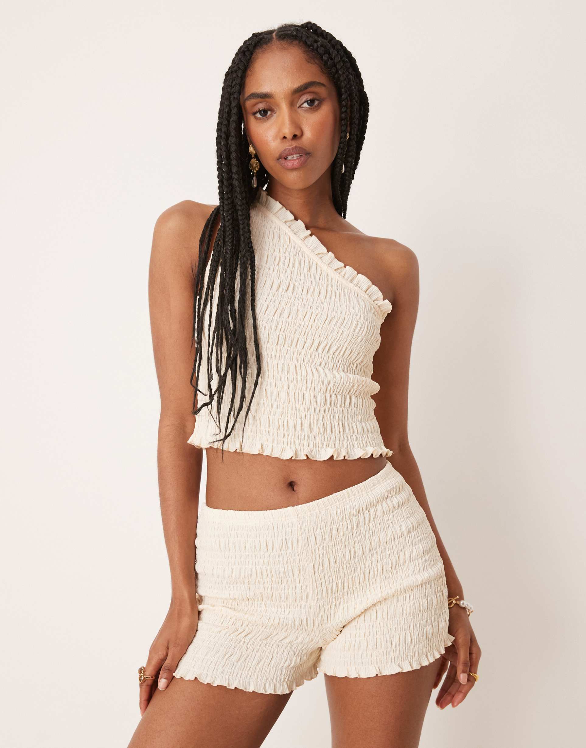 asos design shirred micro shorts in ivory - part of a set