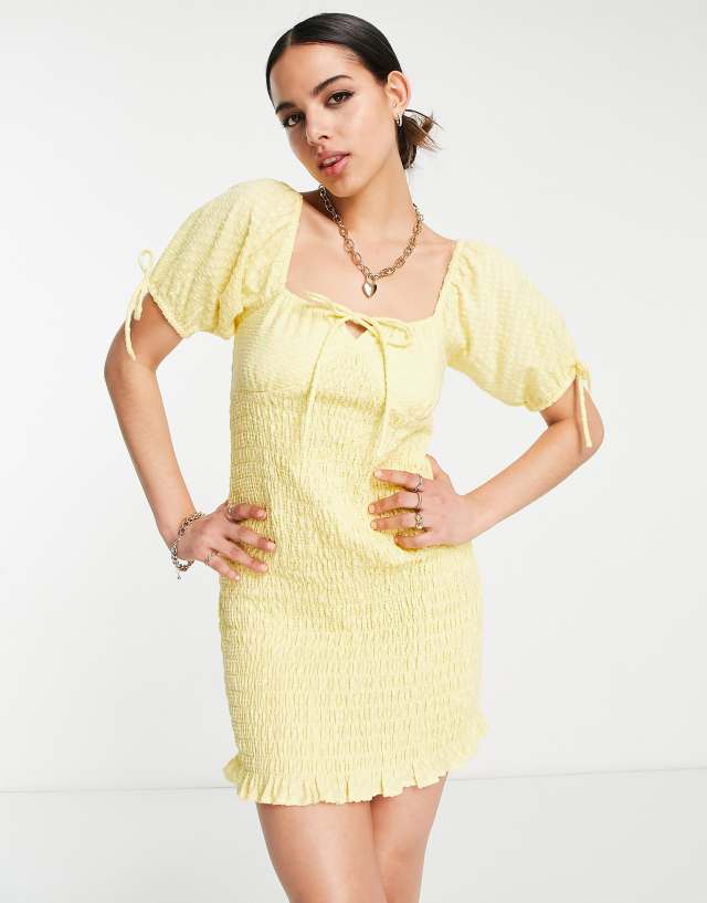 ASOS DESIGN shirred milk maid beach dress in yellow texture