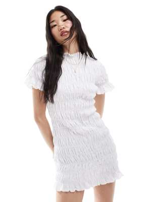 Asos Design Shirred Mini Dress In Ivory-white