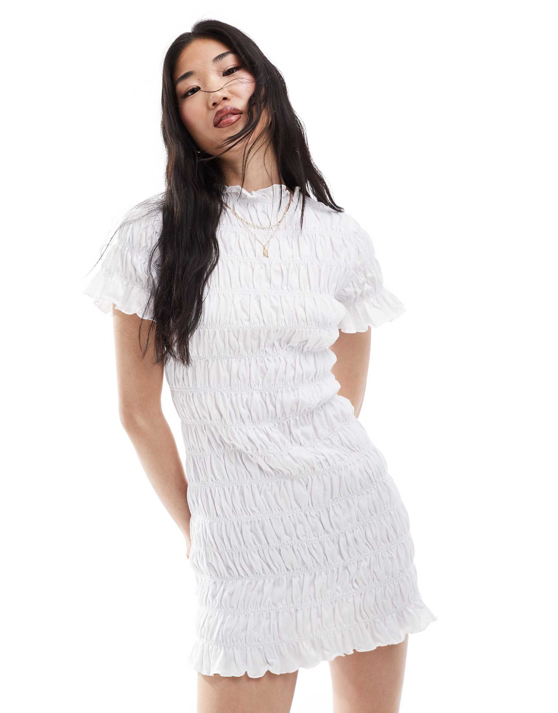 asos design shirred mini dress in ivory