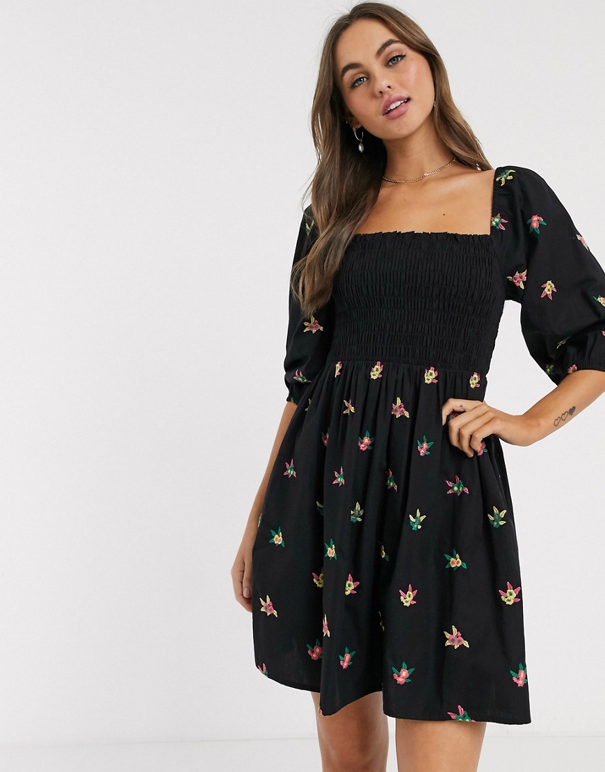 ASOS DESIGN shirred mini dress with all over embroidery in black