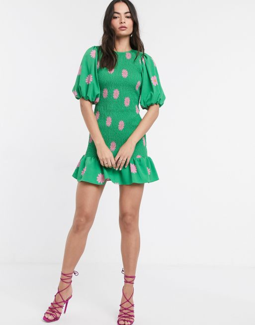 ASOS DESIGN shirred mini dress with puff sleeves in daisy floral print