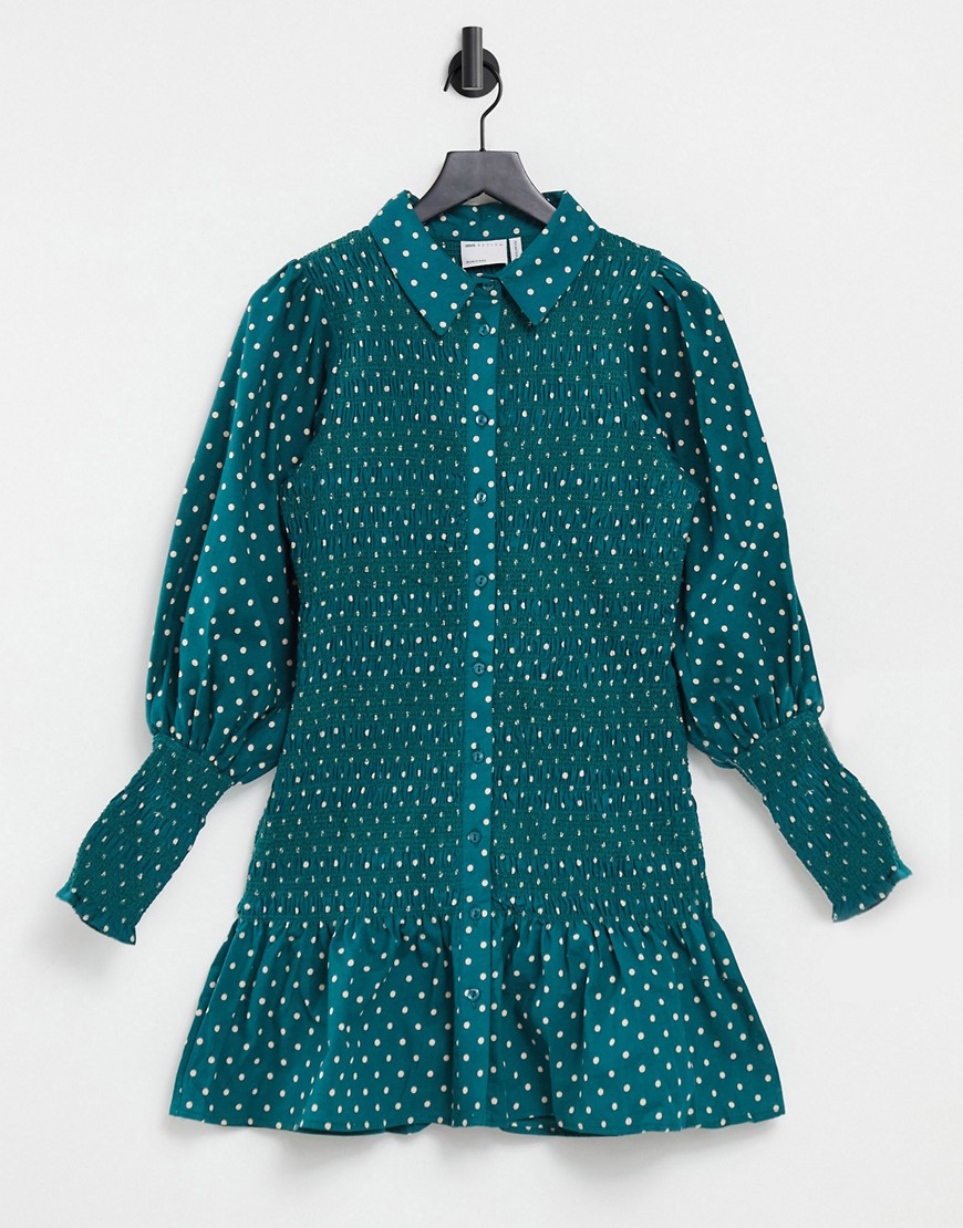 ASOS DESIGN shirred mini shirt dress in spot print-Multi