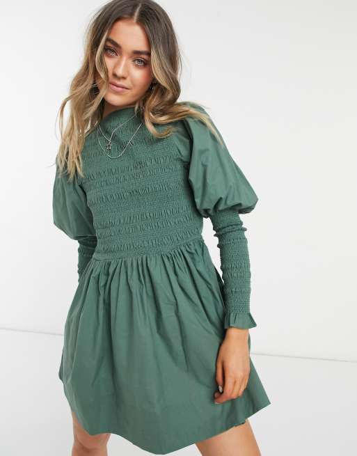 ASOS DESIGN shirred mini skater dress with shirred cuffs in khaki