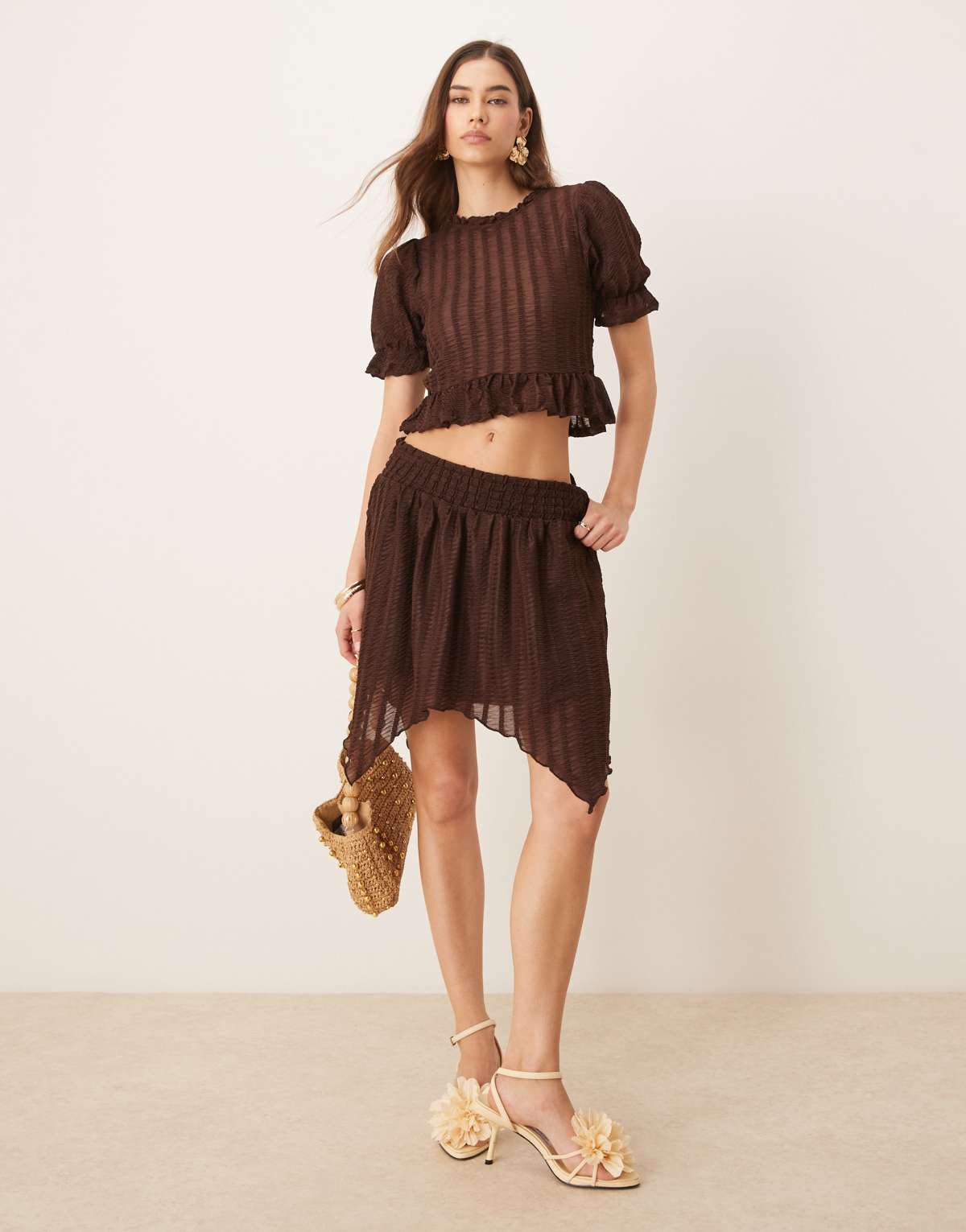 ASOS DESIGN shirred mini skirt in brown