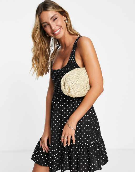 ASOS DESIGN shirred mini sundress with tiers in mono spot print, 3 of 4