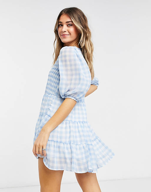 Dresses shirred mini tiered smock dress in blue gingham 