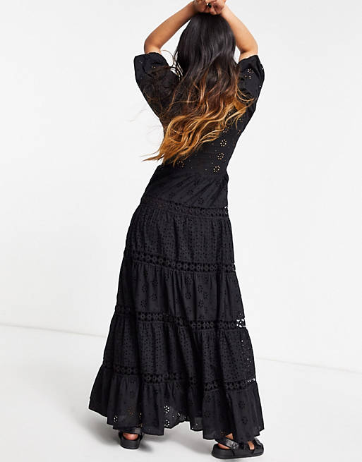  shirred mixed broderie tiered maxi dress with lace inserts in black 